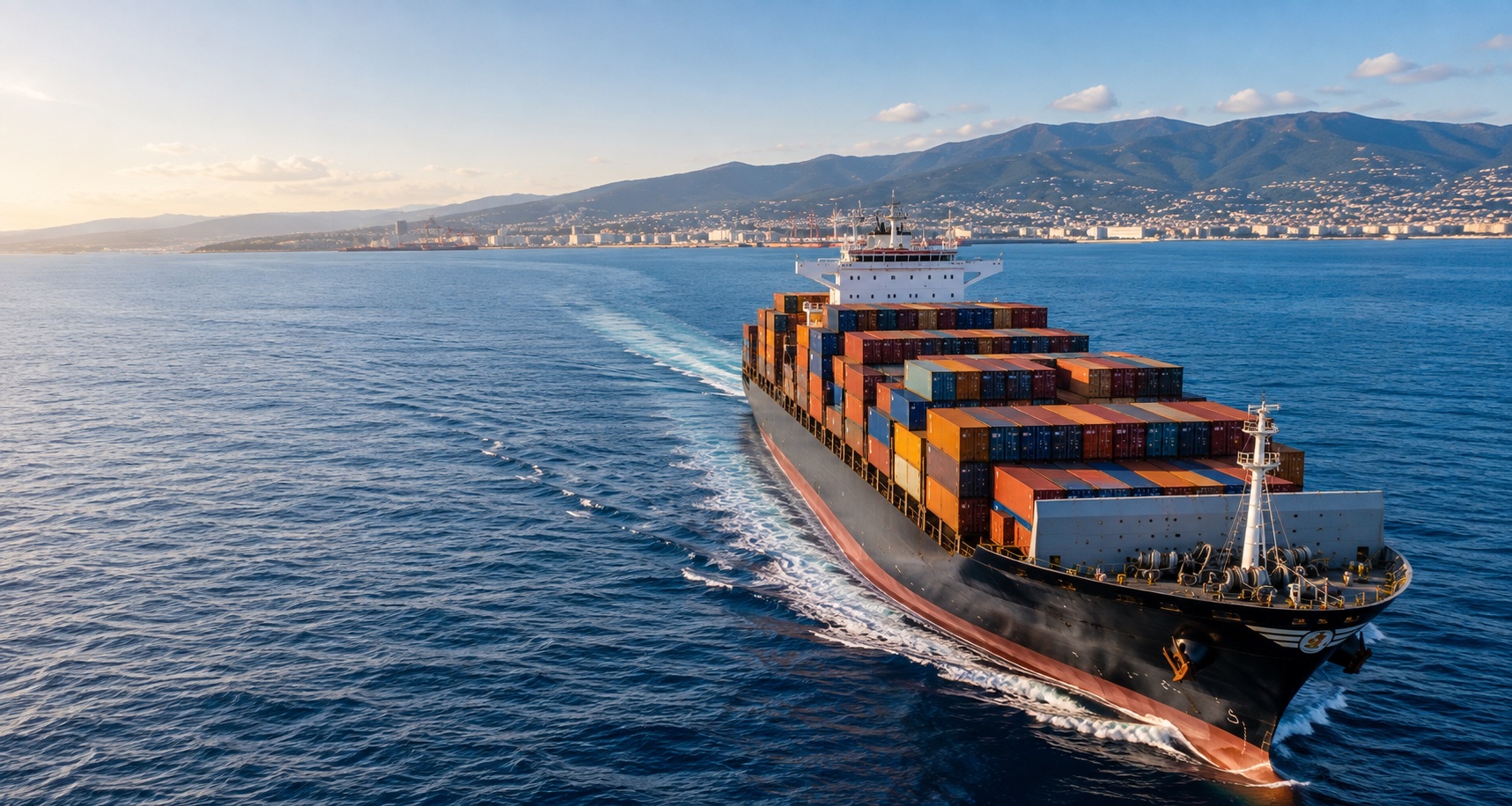 Container ship transporting goods along a European coastline